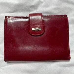 Longchamp Red Leather Tri-fold Wallet Clutch Bamboo Silver Ornament
